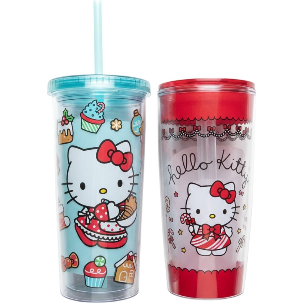 Sanrio Hello Kitty Christmas Tumbler Set Teal Straw Cup & Red Travel Mug NEW